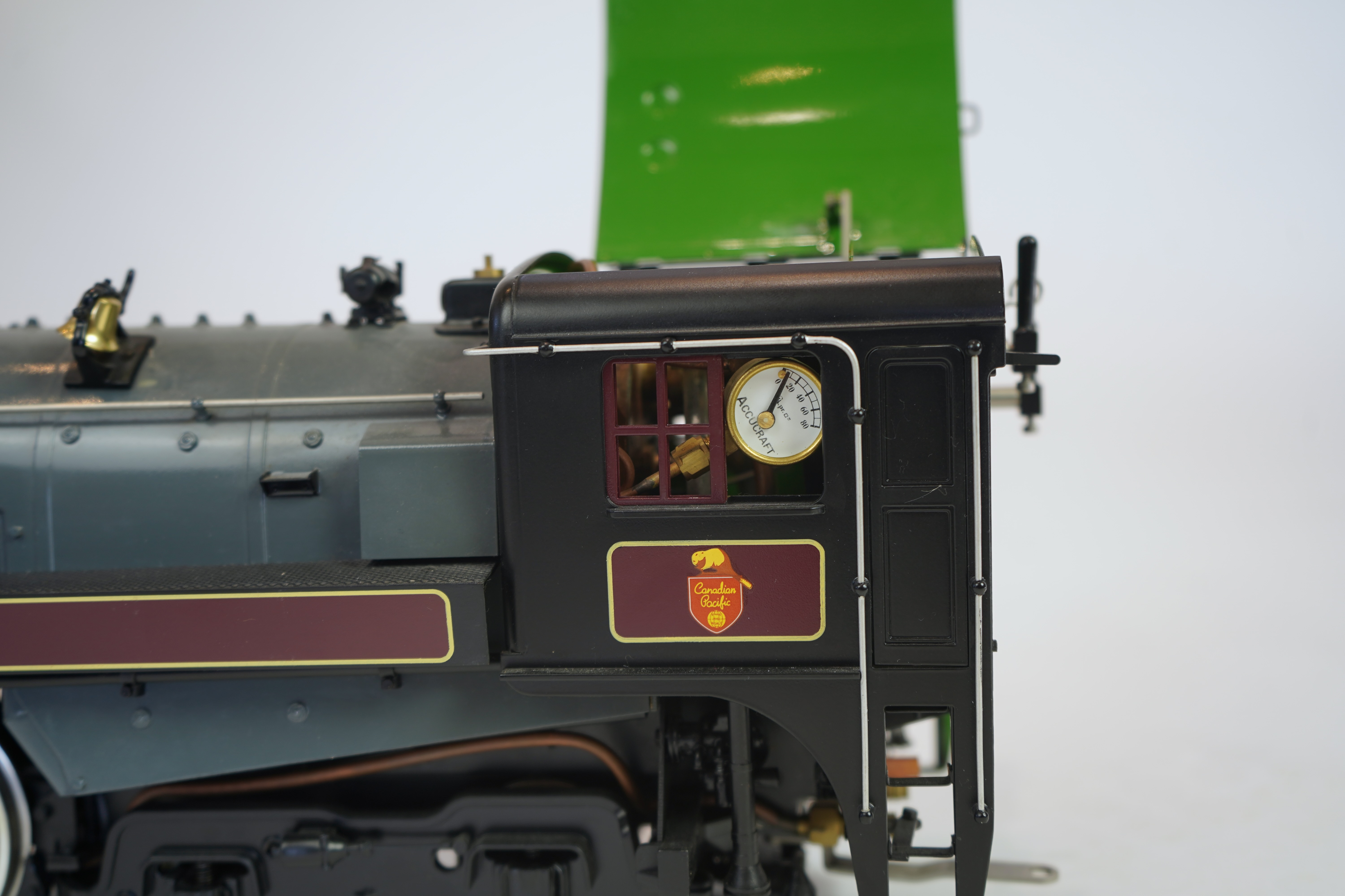 A Gauge One Accucraft Models live steam model of Canadian Pacific 2860, 4-6-4 locomotive with bogie tender, spirit fired working two cylinder motion, hand pump and axle pump, etc.
